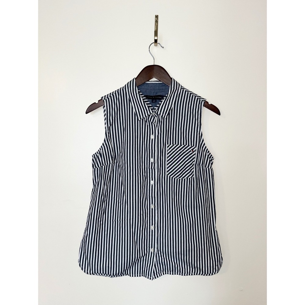Tommy Hilfiger Womens Navy White Striped Sleeveless Button Down‎ Shirt Medium
